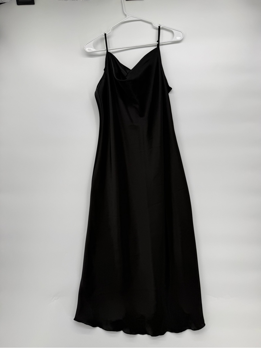 bebe Black Satin Maxi Slip Dress with Cowl Neckline
